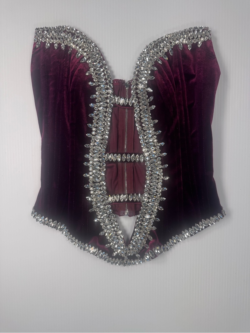 Burgundy Rhinestone Corset Top | Strapless Velvet Bustier | S/M/L - Picture 3 of 5